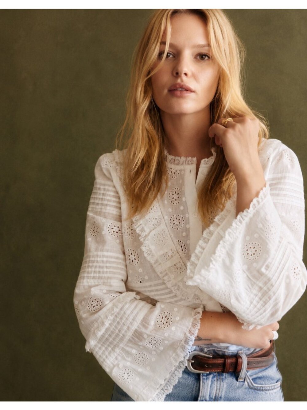 Sézane Nele Eyelet Embroidered Organic Cotton Blouse FR 46 NWOT Boho - Picture 2 of 15